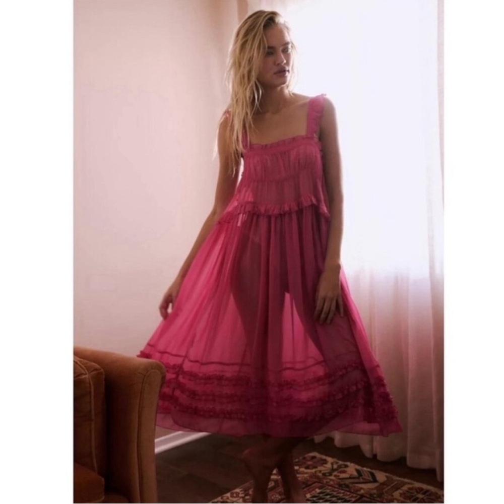 Free People Fuchsia Pink Sheer Tiered Midi Dress